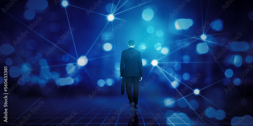Professional business man walking on future network Professional business man walking on future network