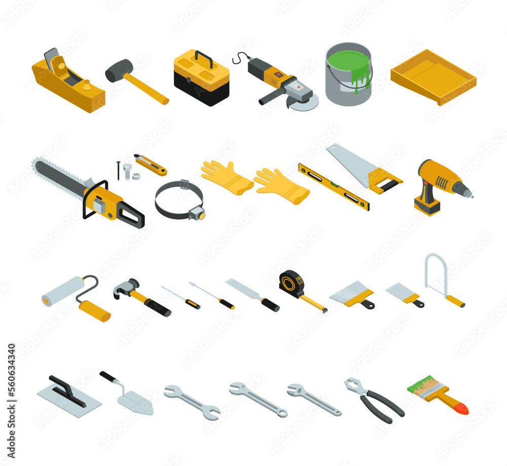 Collection of vector illustrations depicts the various tools used by
