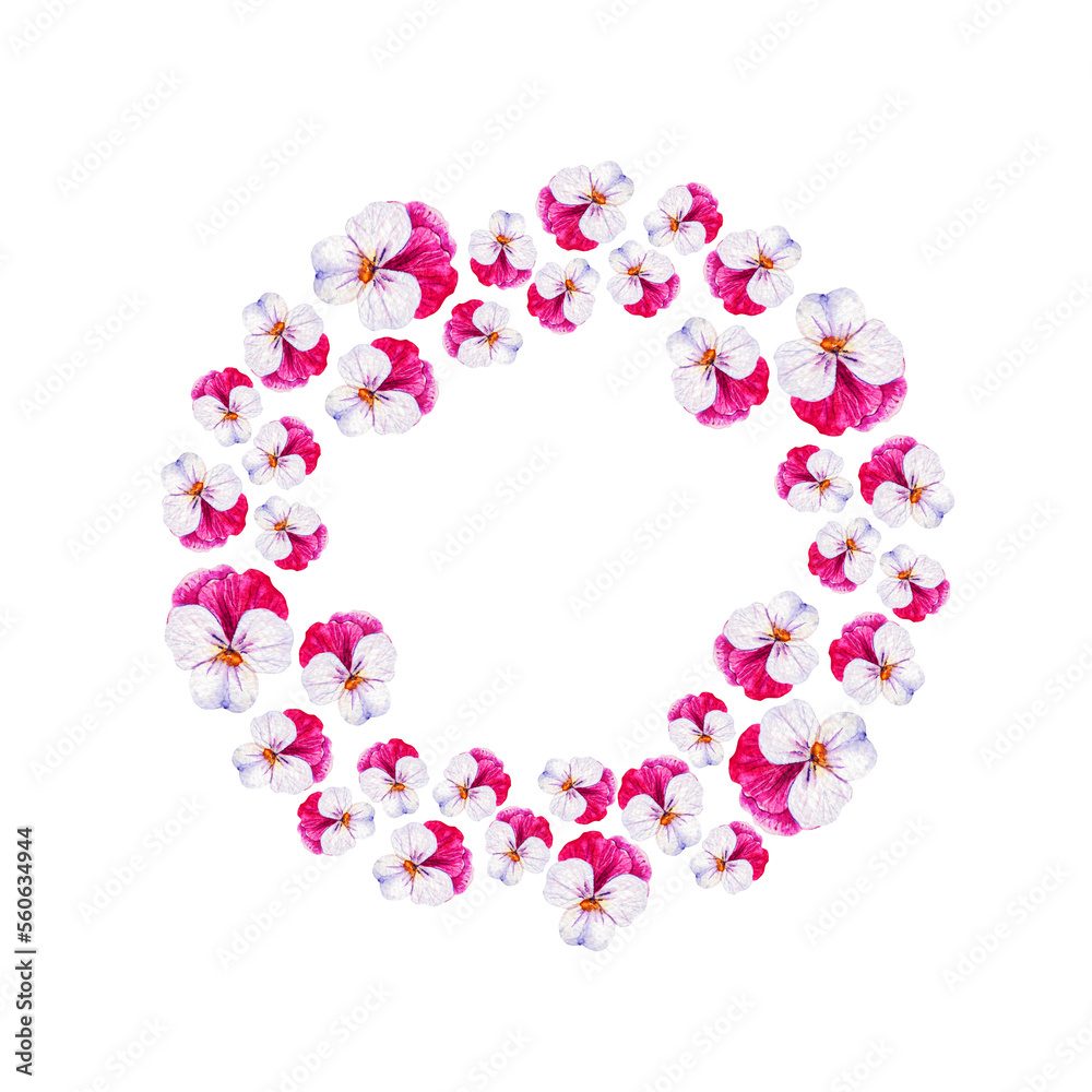 Pansy flowers wreath on white background, watercolor illustration