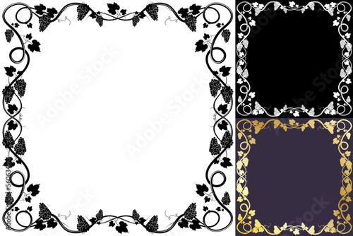 Square frame for wine or juice packaging. Bunch of grapes with leaves and tendrils. Autumn harvest. Advertising label with berry silhouette. Simple flat vector