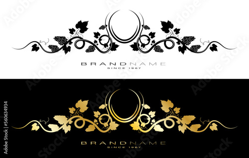 Grapevine scroll, header with brand name of alcoholic products. Decorative black and golden element for label design with grapes silhouette. Vector isolated on white background