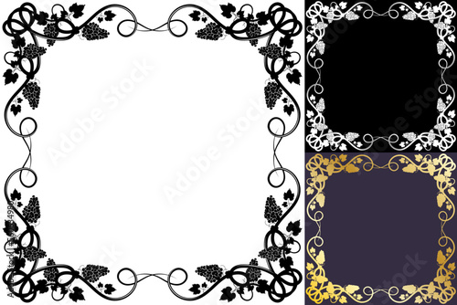Square frame for wine packaging. Bunch of grapes with leaves and tendrils. Autumn harvest. Advertising label with berry silhouette. Simple flat vector
