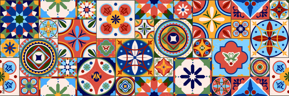 Azulejos Portugal. Turkish ornament. Moroccan tile mosaic. Ceramic tableware, folk print. Spanish pottery. Ethnic background. Mediterranean seamless wallpaper.