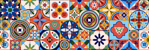 Azulejos Portugal. Turkish ornament. Moroccan tile mosaic. Ceramic tableware, folk print. Spanish pottery. Ethnic background. Mediterranean seamless wallpaper. photo