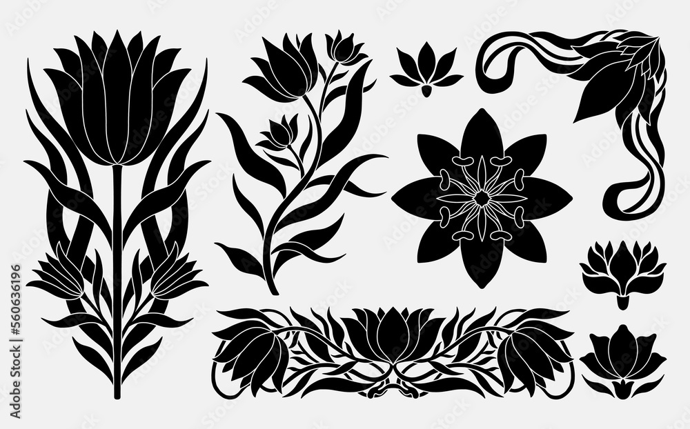 Floral tulip set in art nouveau 1920-1930. Hand drawn in a linear style with weaves of lines, leaves and flowers. Floral tulip set in art nouveau 1920-1930. Hand drawn in a linear style with weaves of lines, leaves and flowers.