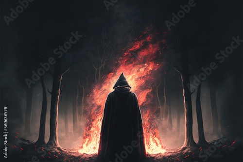 A man in a black robe in a burning forest