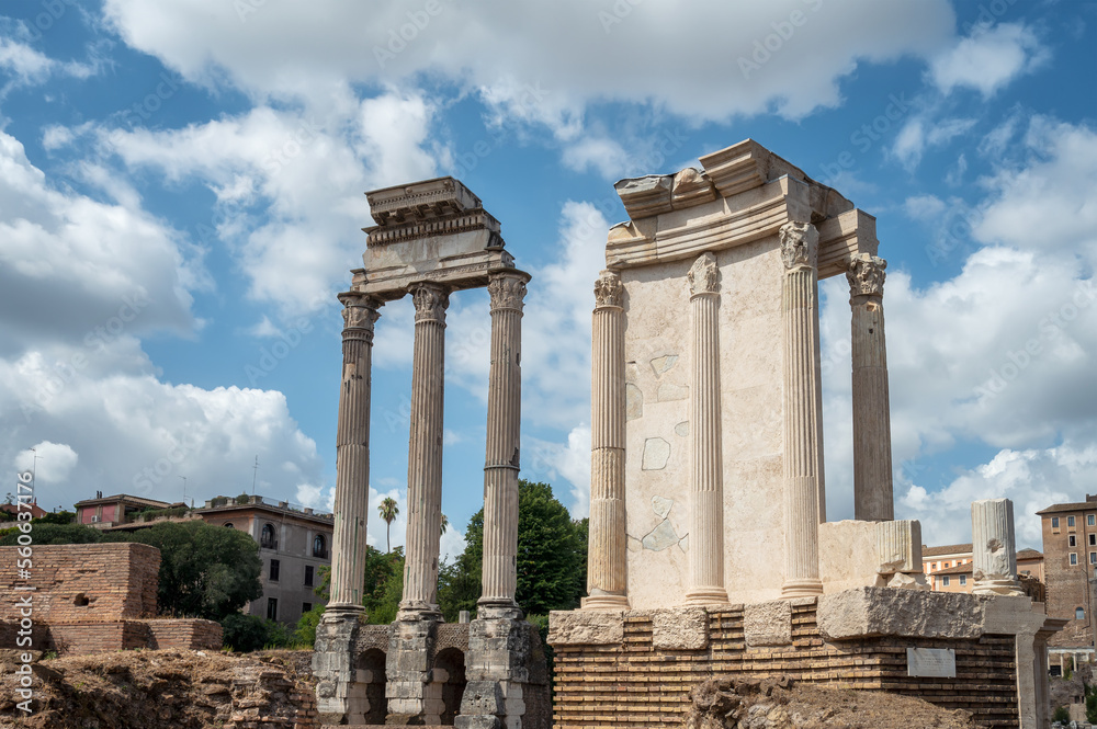 Panoramic view of the Temple of Castor and Pollux (Tempio dei Dioscuri) and the Temple of Vesta (Tempio di Vesta) at the Roman Forum (Foro Romano) in Rome, Italy.