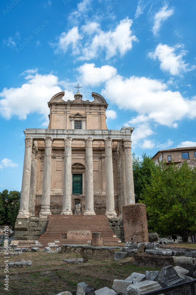 Ruins of the Temple of Antoninus and Faustina - the front view of the San Lorenzo in Miranda church built inside the antique temple at the Sacred Road in Roman Forum in Rome, Italy