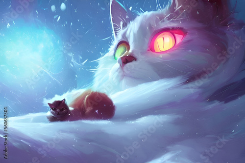 Gatto bianco nella tempesta di neve, gattino impaurito e infreddolito, generative ai, photo