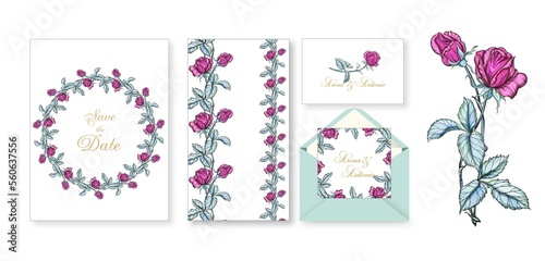 vector set of greeting cards with bright rose colors. Rose is pink. Wreath