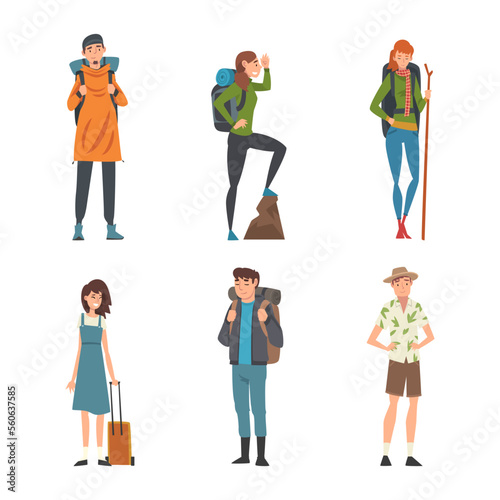 People traveling on vacation set. Male and female characters hiking and having trip cartoon vector illustration