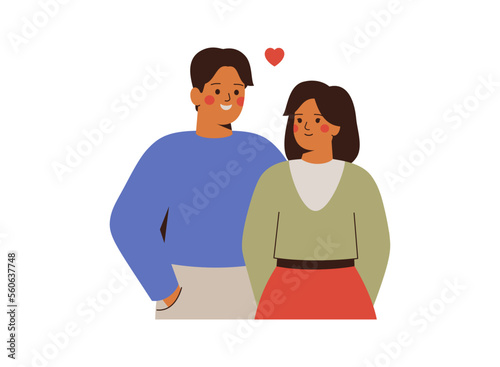 Young asian couple in love. Caucasian man and woman stand together and look at each other with care and affection. Happy family stand together. Valentine day vector illustration