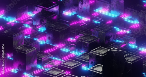 Abstract background using small cube pattern with metallic and voronoi texture, purple and blue laser light, perspective camera, 3d rendering and 4K size