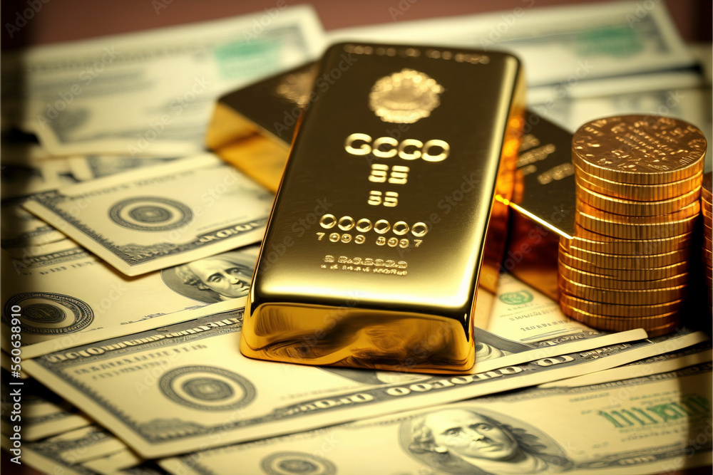 gold bar and investment coins. concept of savings and long-term earnings gold bar and investment coins. concept of savings and long-term earnings