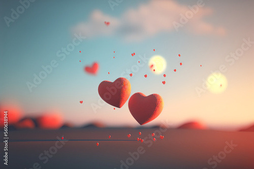 Hearts flying on sunset sky with bokeh sunlight abstract background. Love and valentine day concept. Generative AI
