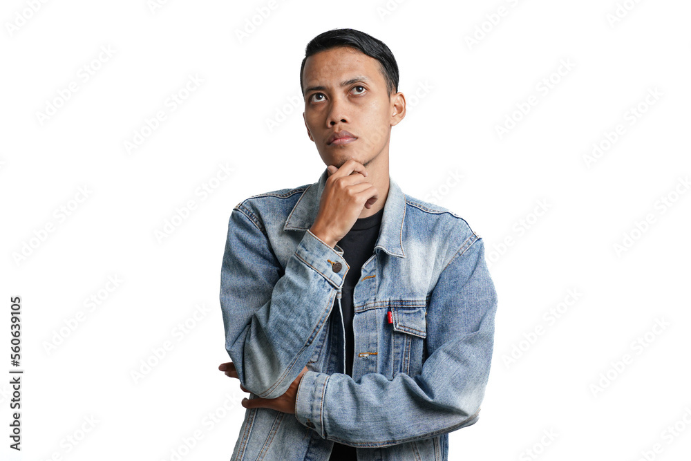 asian man wearing blue jean jacket showing expression thinking looking for idea, isolated on white background asian man wearing blue jean jacket showing expression thinking looking for idea, isolated on white background