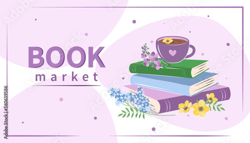 Book market. Layout design for bookstore, library. Books with spring flowers. Vector illustration