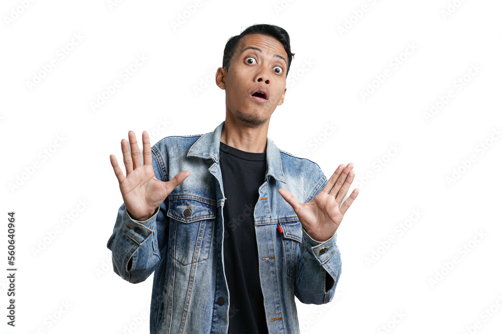asian man wearing blue jean jacket with excited surprised gesture, isolated on white background asian man wearing blue jean jacket with excited surprised gesture, isolated on white background
