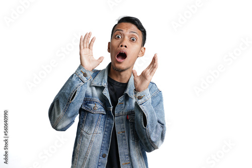 asian man wearing blue jean jacket with excited surprised gesture, isolated on white background