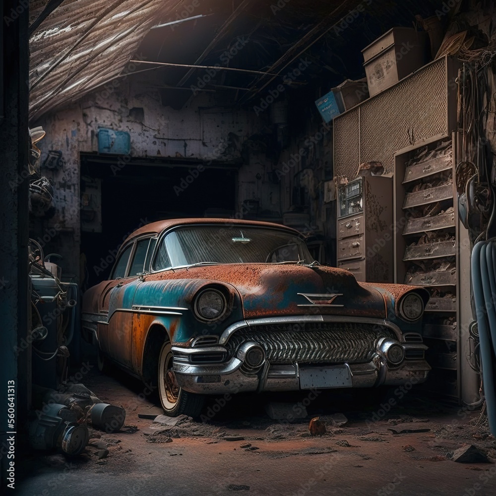 Old car in a vintage garage Stock-Illustration