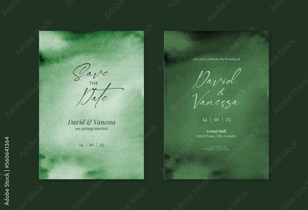 Emerald green wedding invitation card set template design with
