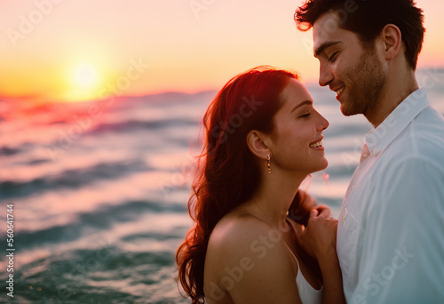Romantic embrace of young couple at sunset on the beach on Valentine's Day © Nedrofly