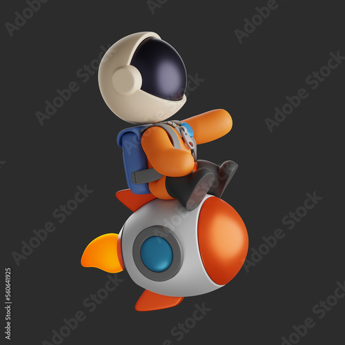 3d astronaut driving a rocket while pointing forward. isolated image