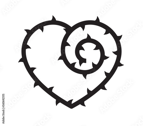 Vector silhouette of a rose stem with thorns in the shape of a heart. Love symbol. Isolated on white background