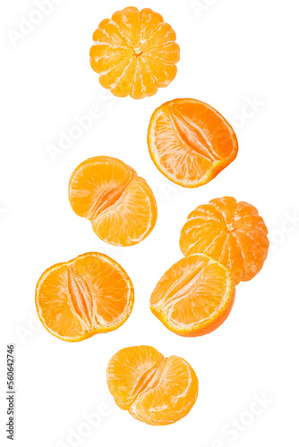 Falling peeled sliced tangerine isolated on white