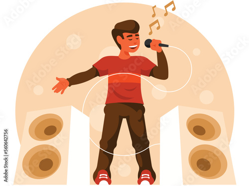 Young singer on stage. Teenage vocalist sings. Young person giving a concert. Vector graphics