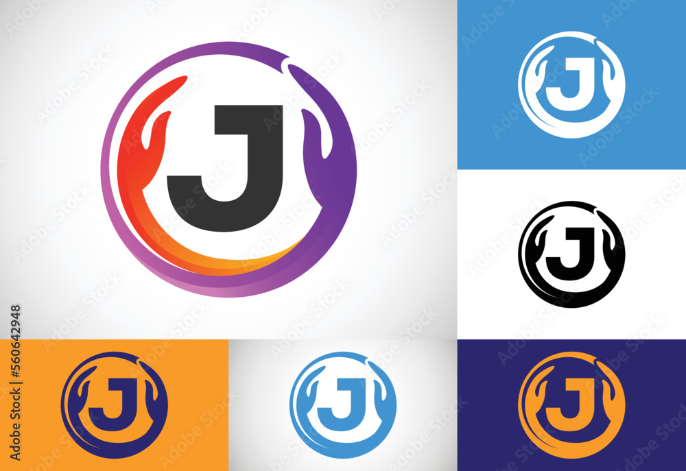 Initial J monogram letter with safe hands. Professional charity teamwork and foundation logo design