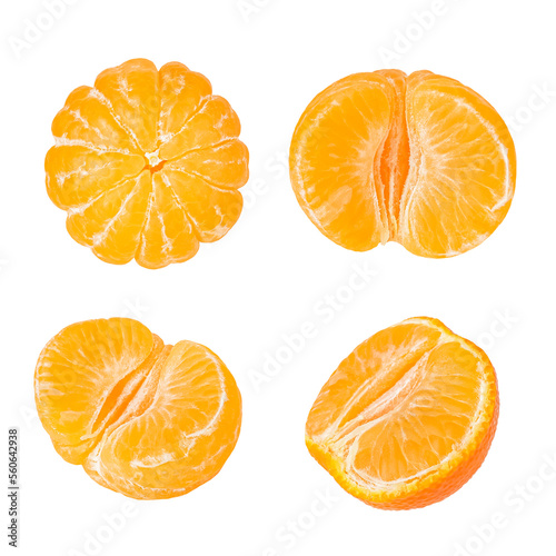 Set of four peeled ripe tangerine fruits isolated on white