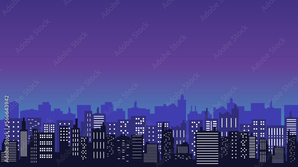 Illustration of a city at night with tall buildings