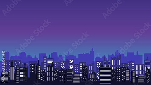 Illustration of a city at night with tall buildings