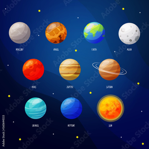 Cartoon solar system planets. Astronomy cosmic galaxy space. Set of small planets on the sky with stars