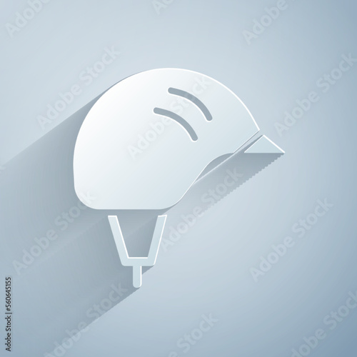 Paper cut Bicycle helmet icon isolated on grey background. Extreme sport. Sport equipment. Paper art style. Vector
