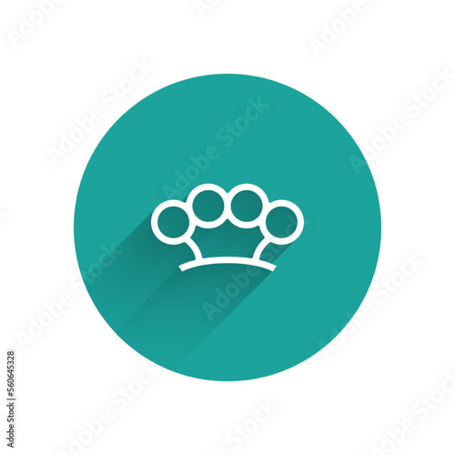 White Brass knuckles icon isolated with long shadow. Green circle button. Vector
