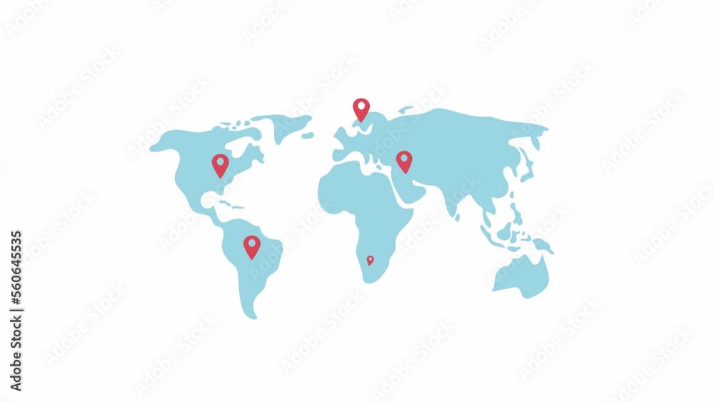 Animated world map with pins. Travel destinations. Geography. Flat cartoon style element HD video footage. Color illustration on white background with alpha channel transparency for animation