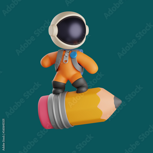 3d astronaut standing on a yellow flying pencil. cute illustration