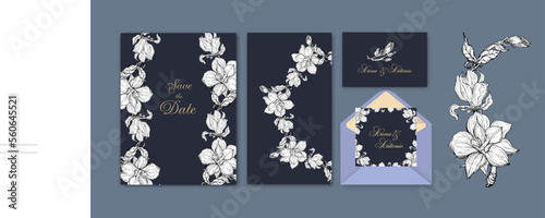 set of postcards and invitations with graphic Magnolia flowers