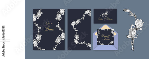 set of postcards and invitations with graphic Magnolia flowers