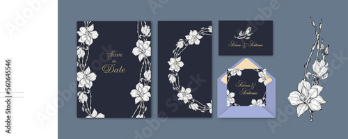 set of postcards and invitations with graphic Magnolia flowers