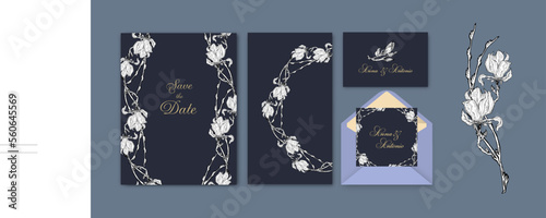 set of postcards and invitations with graphic Magnolia flowers