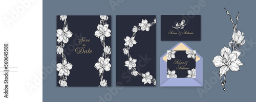 set of postcards and invitations with graphic Magnolia flowers