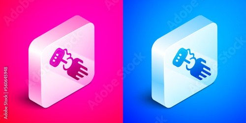 Isometric Prosthesis hand icon isolated on pink and blue background. Futuristic concept of bionic arm, robotic mechanical hand. Silver square button. Vector