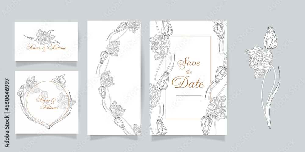 Set of cards and invitations with flowers. Spring flowers. Tulips