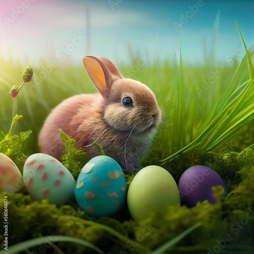 Happy Easter Greeting Background with Colorful Eggs and Bunny. Generative AI