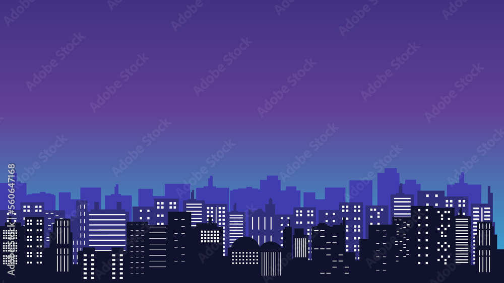 The atmosphere is a purple sky in an urban area with lots of buildings