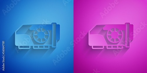 Paper cut Video graphic card icon isolated on blue and purple background. Paper art style. Vector