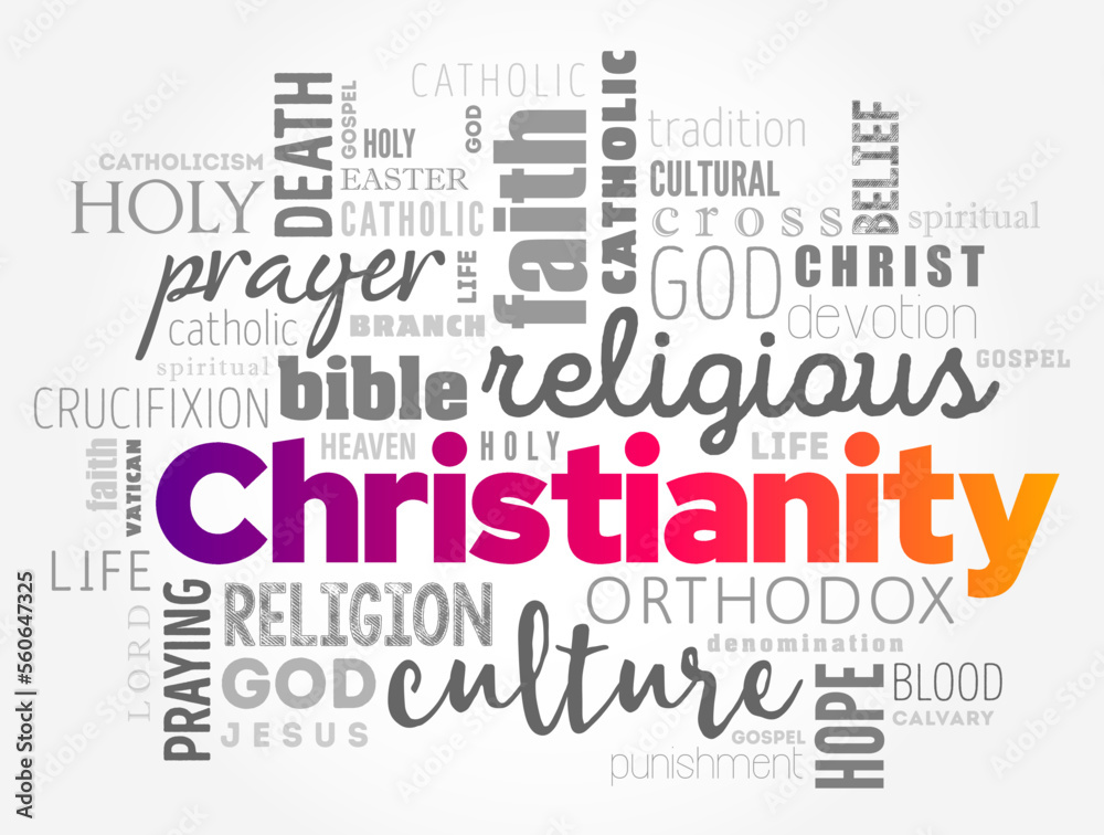 Christianity is an Abrahamic monotheistic religion based on the life and teachings of Jesus of Nazareth, word cloud concept background Christianity is an Abrahamic monotheistic religion based on the life and teachings of Jesus of Nazareth, word cloud concept background